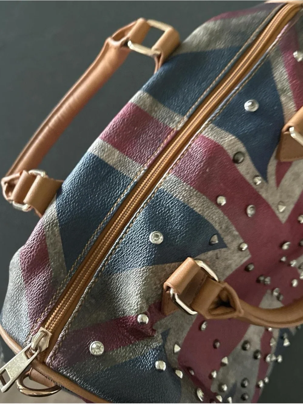 Union Jack Studded Leather Satchel Bag - Pink/Blue/White